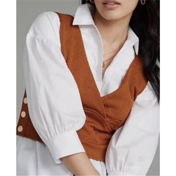 Anthropologie Maeve Textured Button Side V-neck Cropped top Size L - Picture 2 of 10